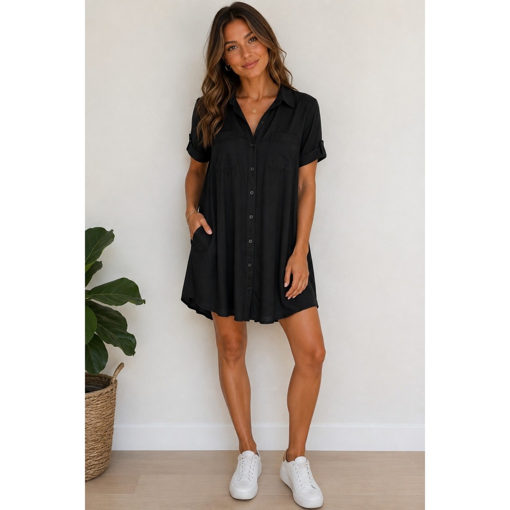 Lulus Womens Black Shirt Dress M Short Sleeve‎ Button Front Pockets Casual Mini